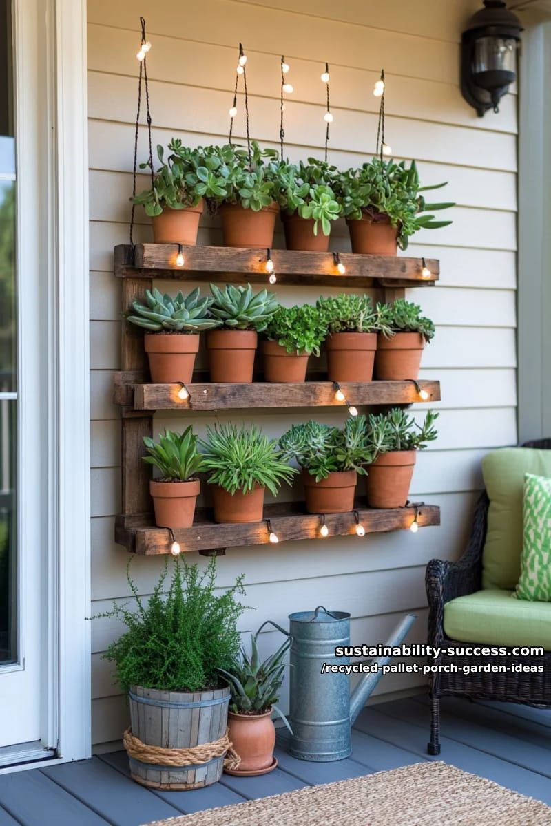 hanging pallet shelf garden filled with trailing succulents and fairy lights 1