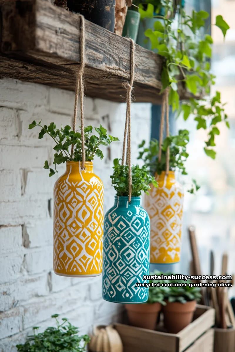 hanging plastic bottle planters with painted geometric patterns 1