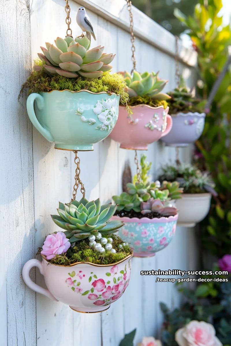 hanging teacup planter chain with succulents and trailing vines 1
