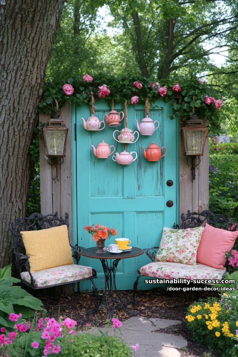 hanging teapots and cups from an old door for whimsical garden charm 1