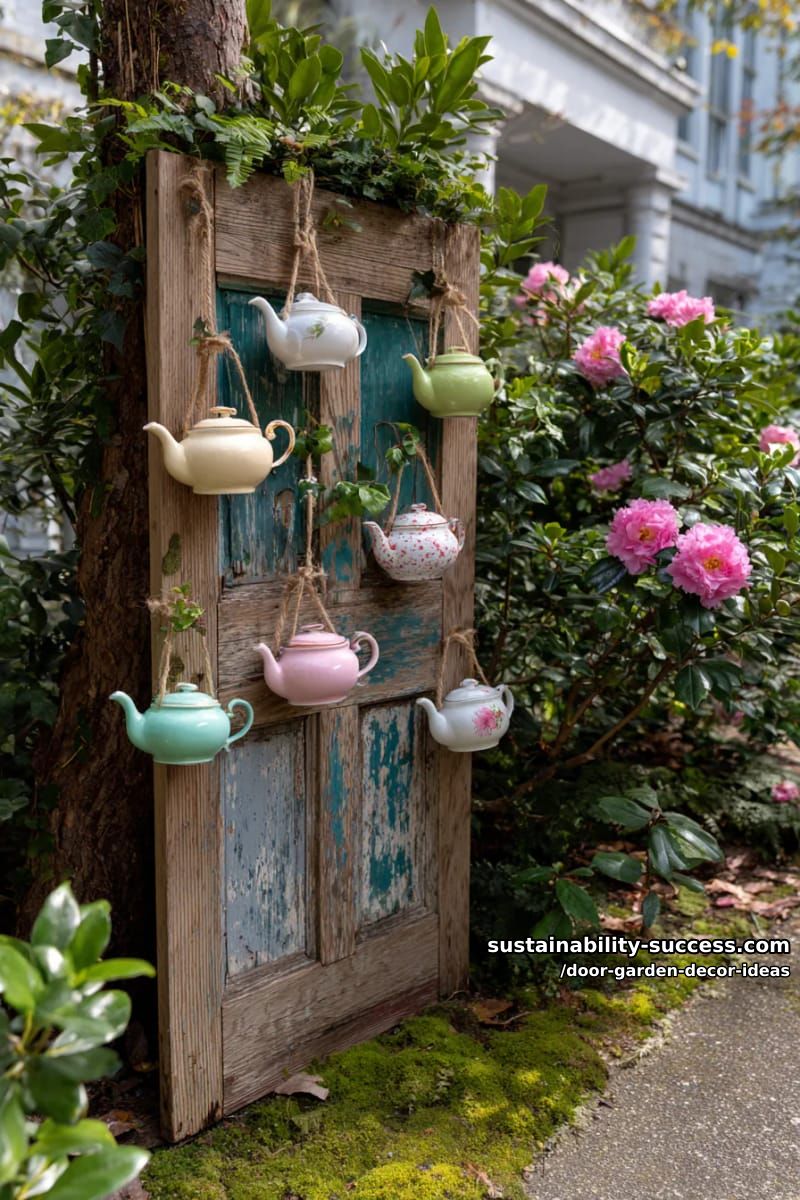 hanging teapots and cups from an old door for whimsical garden charm 1