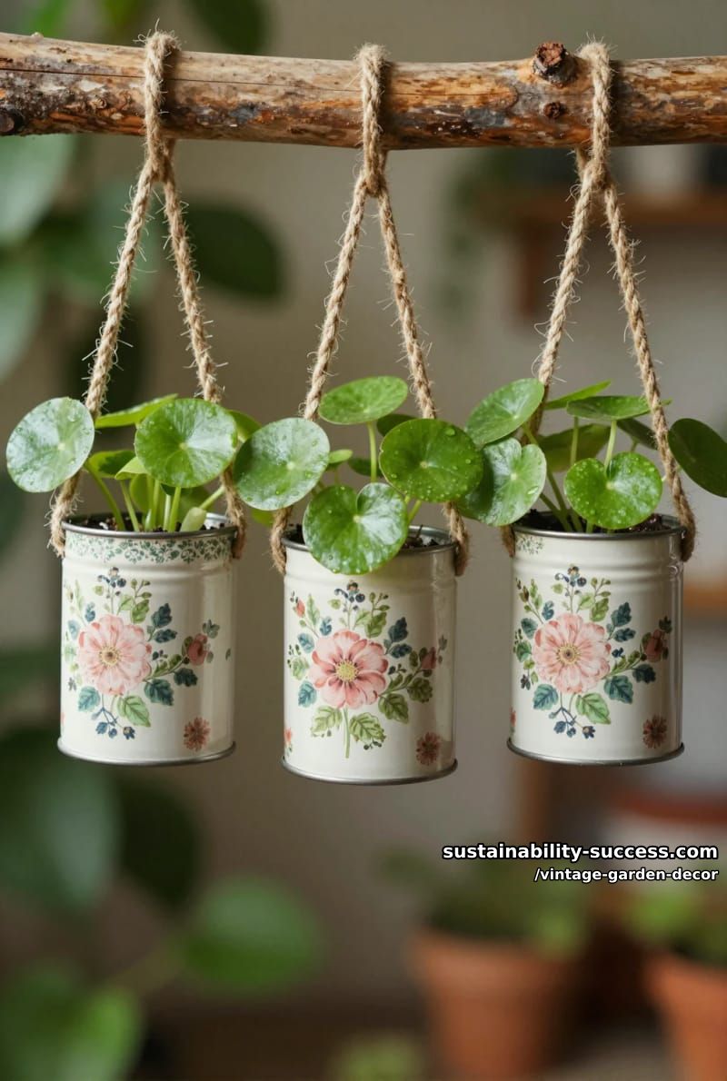 hanging tin containers with leafy plants on rustic wooden branch indoors. 1