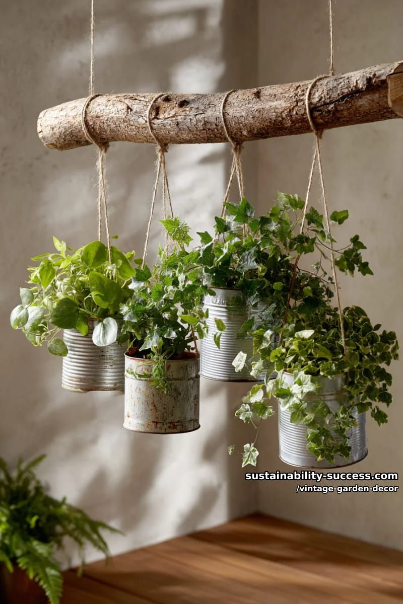 hanging tin containers with leafy plants on rustic wooden branch indoors. 1