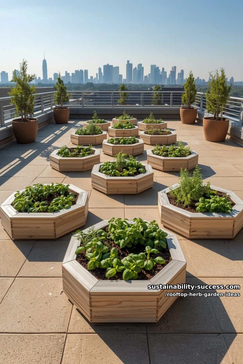 hexagonal herb beds with wooden borders arranged for dramatic symmetry 1