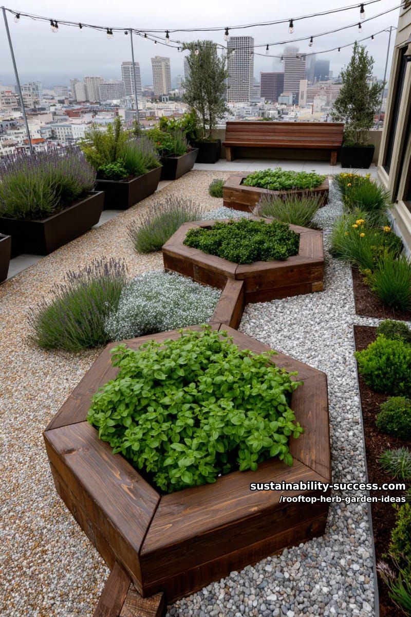 hexagonal herb beds with wooden borders arranged for dramatic symmetry 1