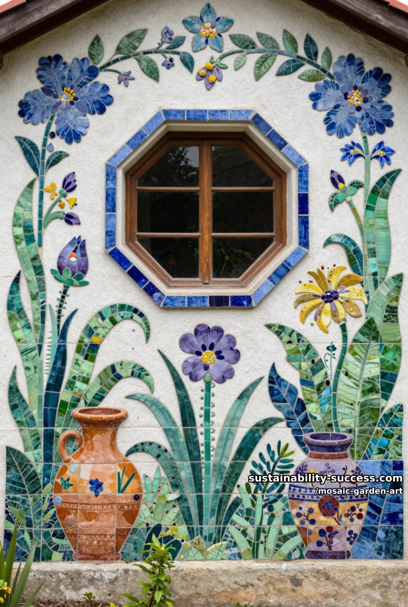 house exterior wall featuring intricate floral and plant mosaic tile art 1