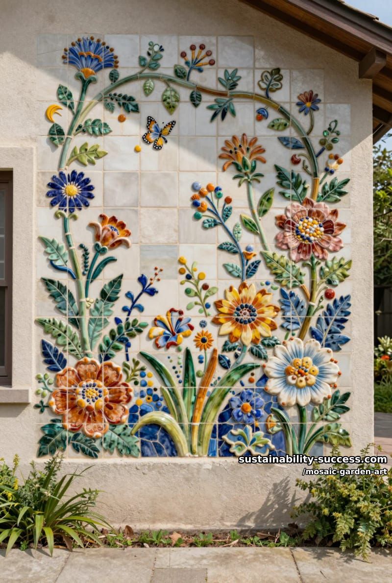 house exterior wall featuring intricate floral and plant mosaic tile art 1