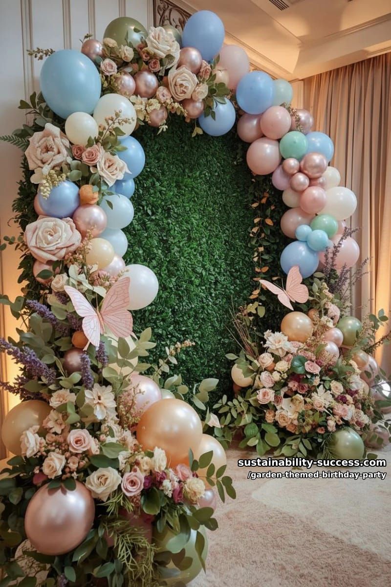 indoor garden party with hedge arch, pastel balloons, and oversized roses. 1