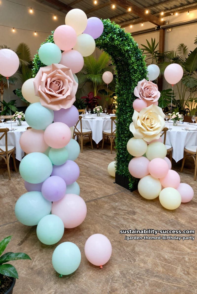 indoor garden party with hedge arch, pastel balloons, and oversized roses. 1