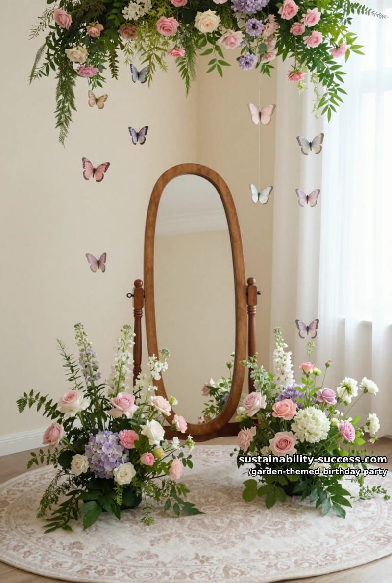 indoor mirror surrounded by pastel flowers and hanging paper butterflies. 1