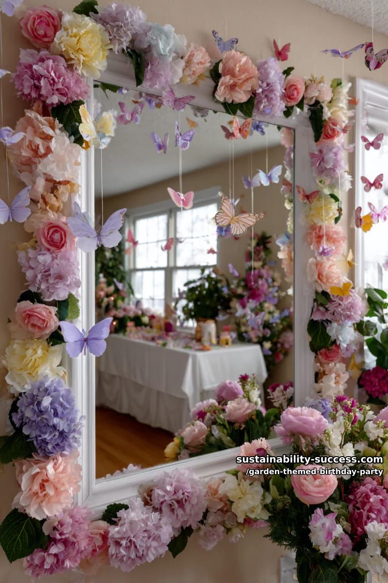 indoor mirror surrounded by pastel flowers and hanging paper butterflies. 1