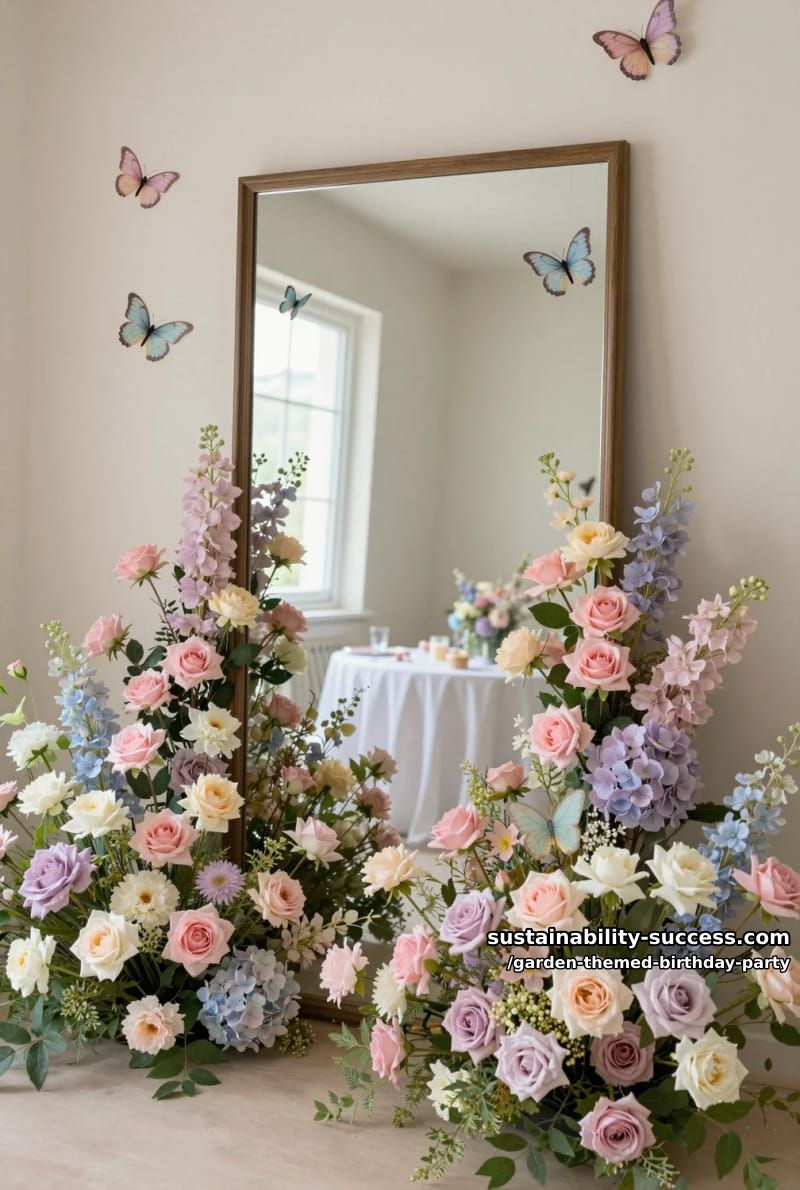 indoor mirror surrounded by pastel flowers and hanging paper butterflies. 1