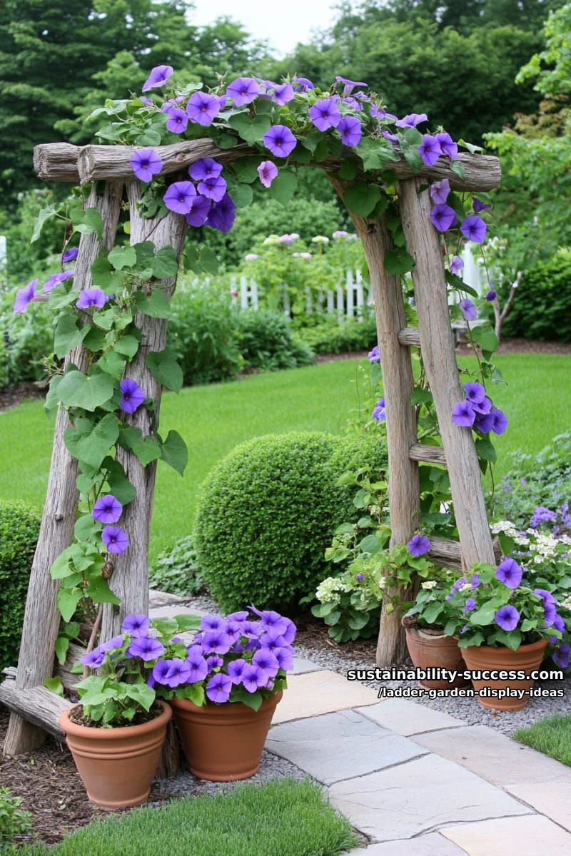 ladder archway draped with cascading purple morning glory vines 1