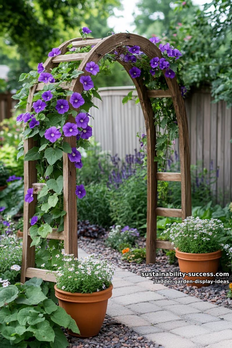 ladder archway draped with cascading purple morning glory vines 1