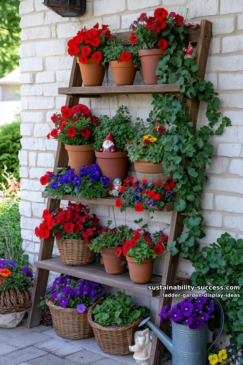 ladder garden shelf layered with vibrant annuals and decorative garden gnomes 1