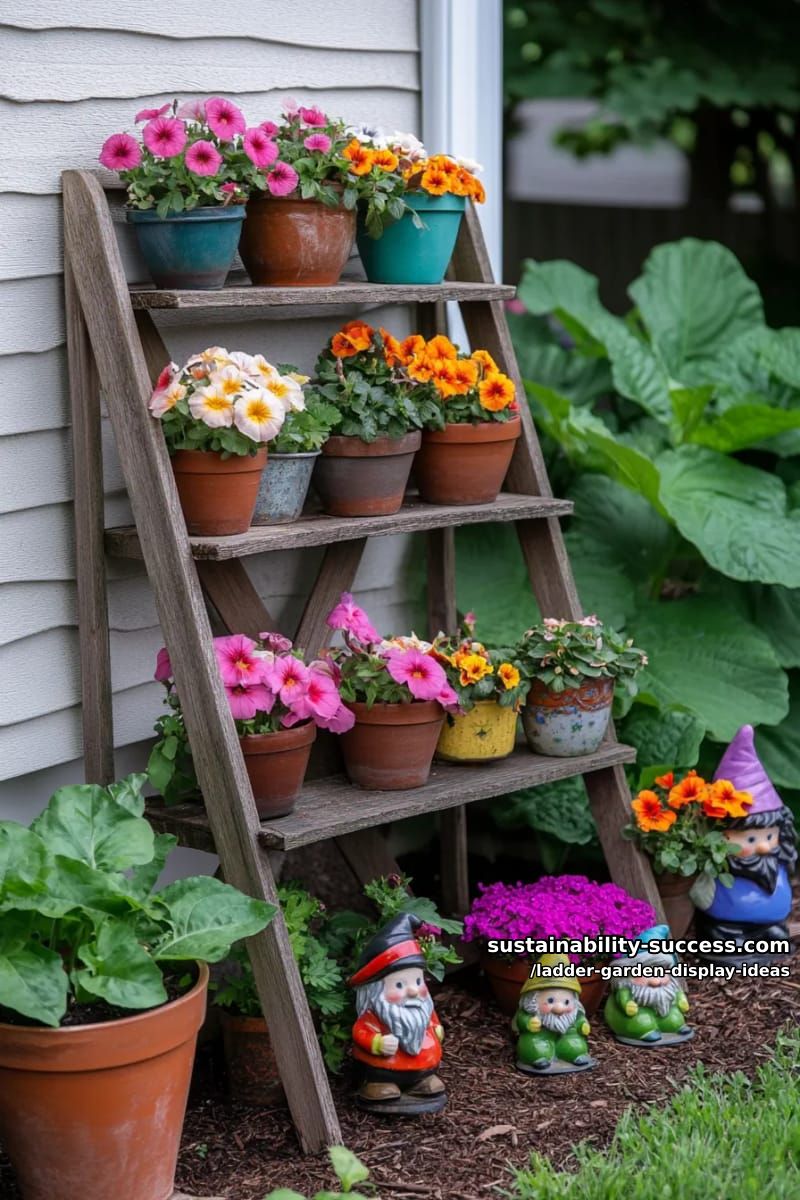 ladder garden shelf layered with vibrant annuals and decorative garden gnomes 1