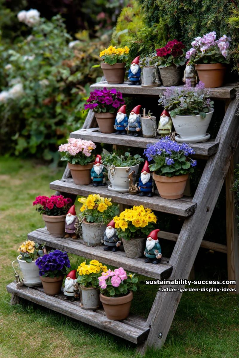 ladder garden shelf layered with vibrant annuals and decorative garden gnomes 1