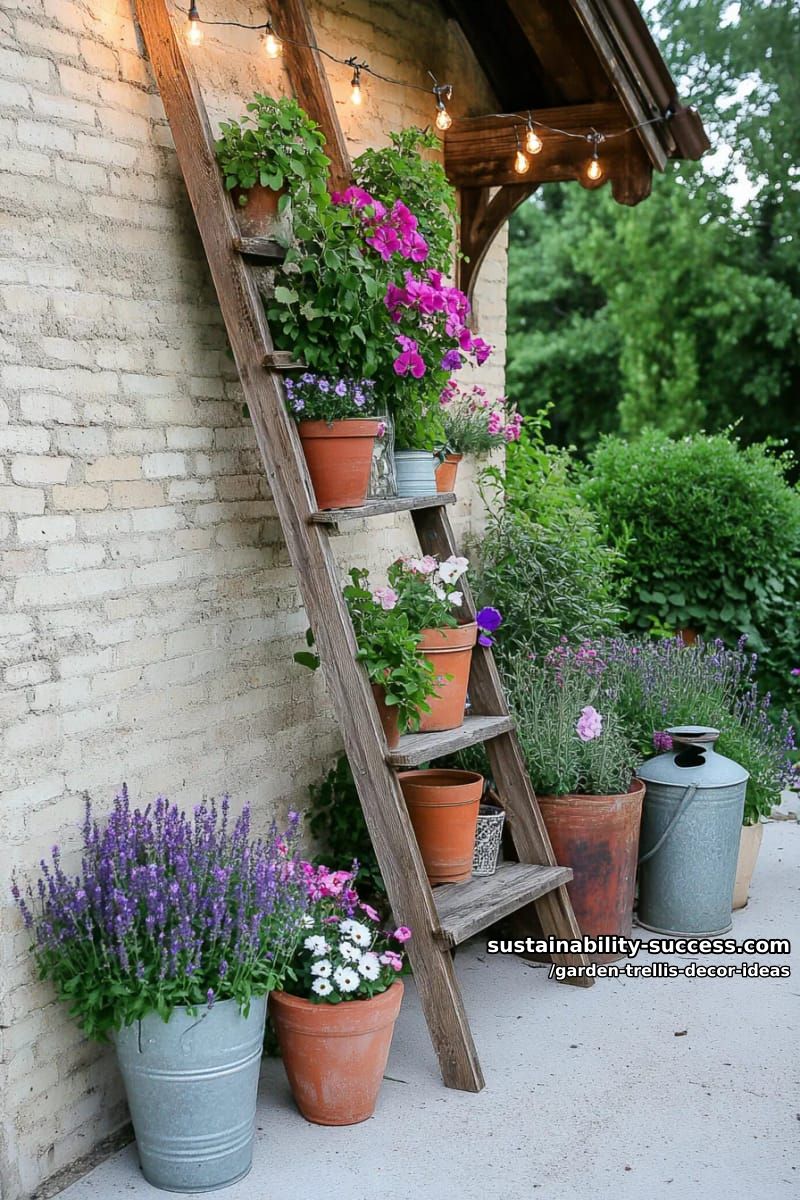 ladder-style trellis with trailing sweet peas and vintage garden ornaments 1