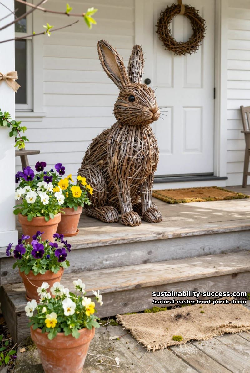 large natural twig rabbit sculpture surrounded by potted pansies 1