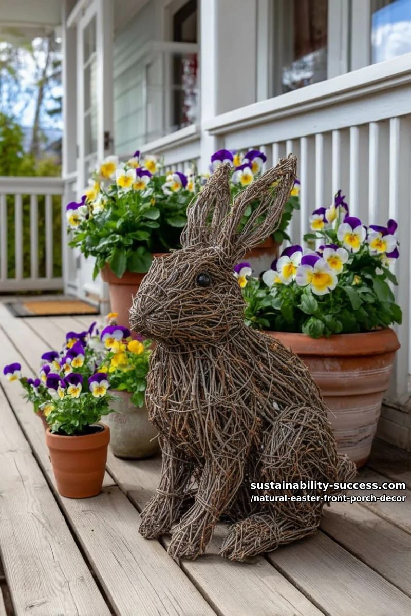 large natural twig rabbit sculpture surrounded by potted pansies 1