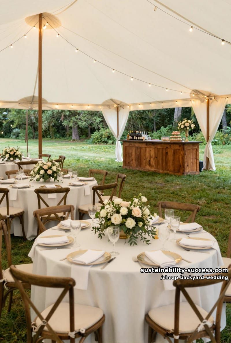 large wedding tent with elegant tables and rustic bar outdoors 1