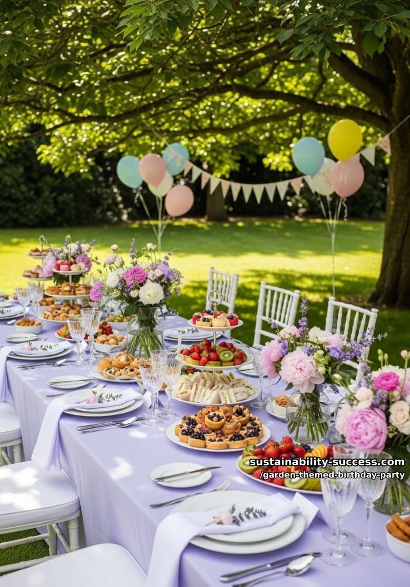 lavender tablecloth garden party with tiered food trays and fresh flowers. 1