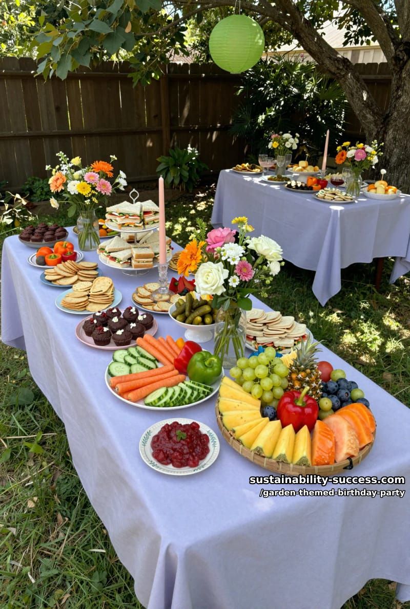 lavender tablecloth garden party with tiered food trays and fresh flowers. 1