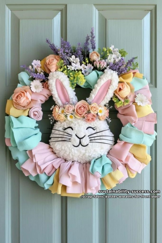 Sustainability Success 1 layered pastel rag wreath with peeking bunny face and floral crown 40