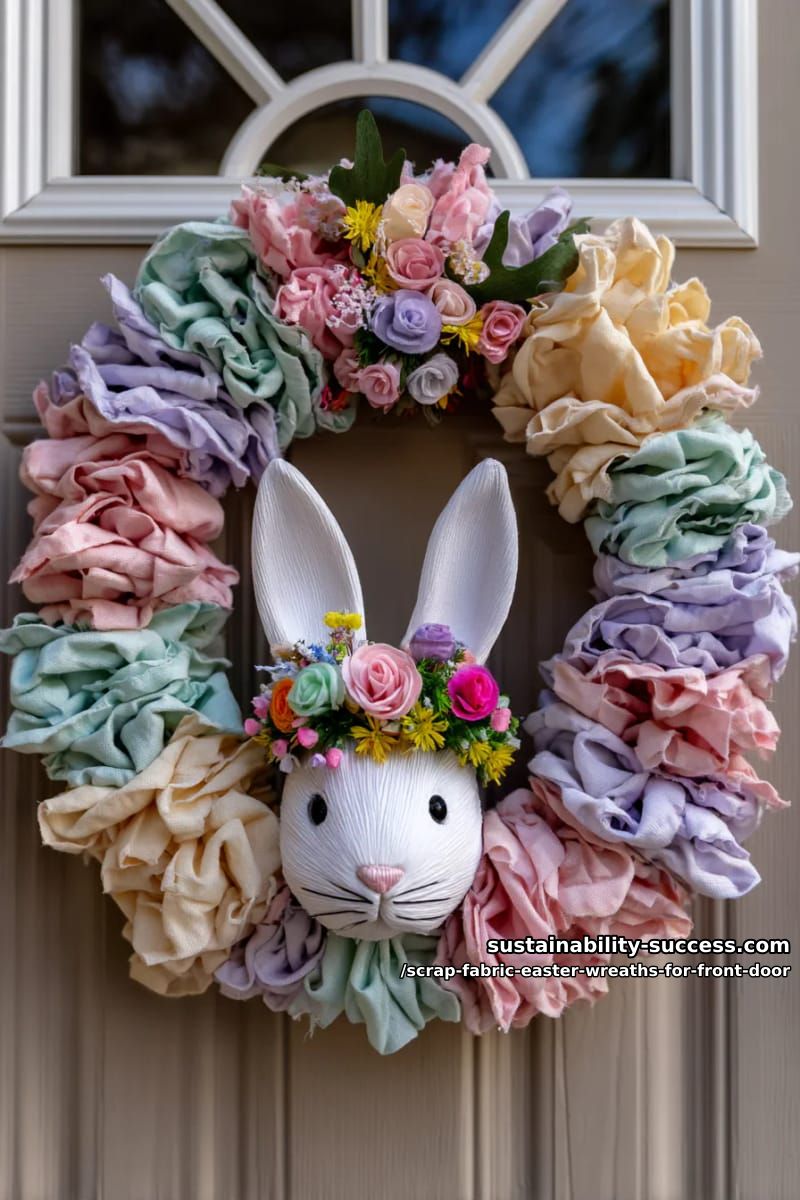 layered pastel rag wreath with peeking bunny face and floral crown 1