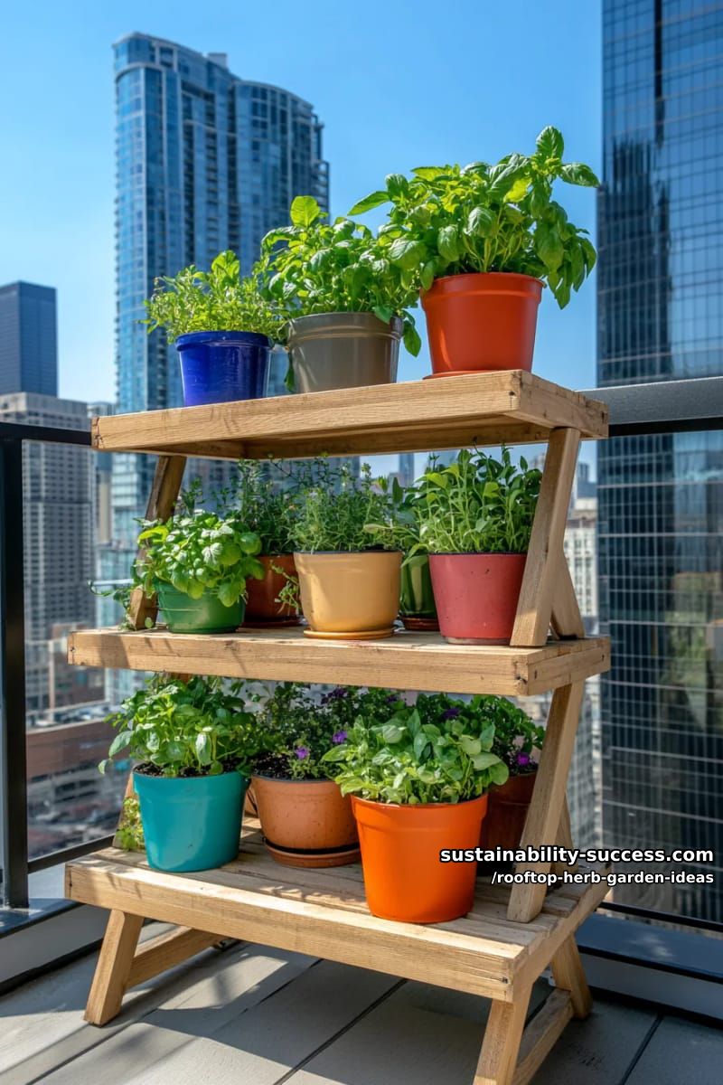 layered wooden shelving stacked with vibrant herb pots against a cityscape 1
