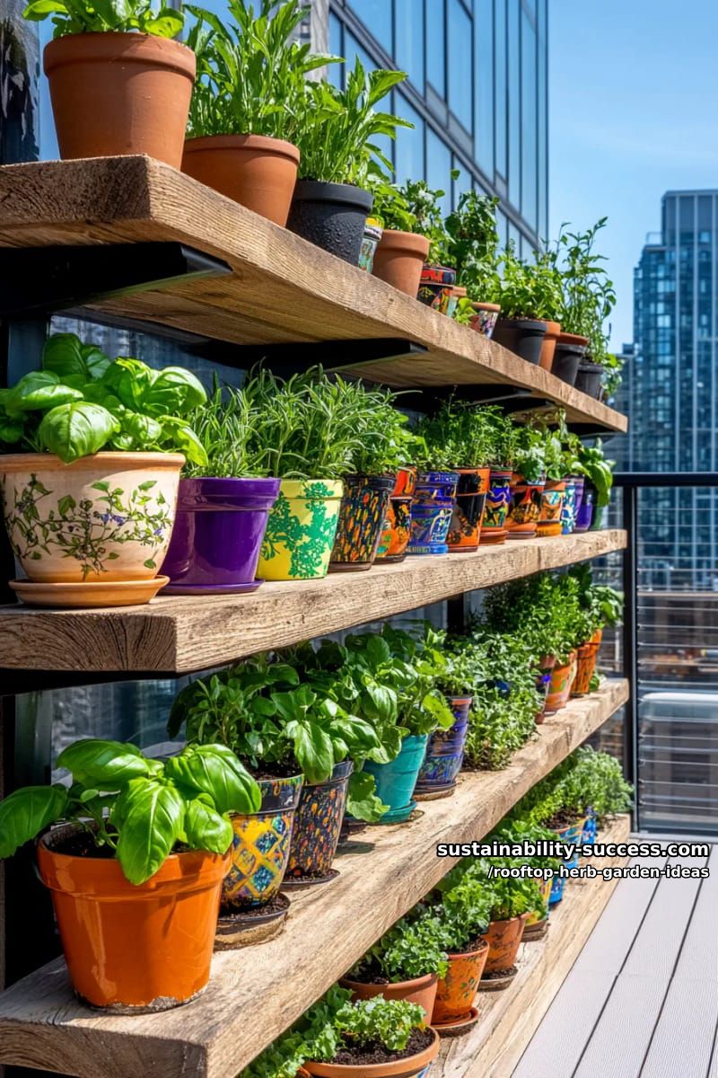 layered wooden shelving stacked with vibrant herb pots against a cityscape 1