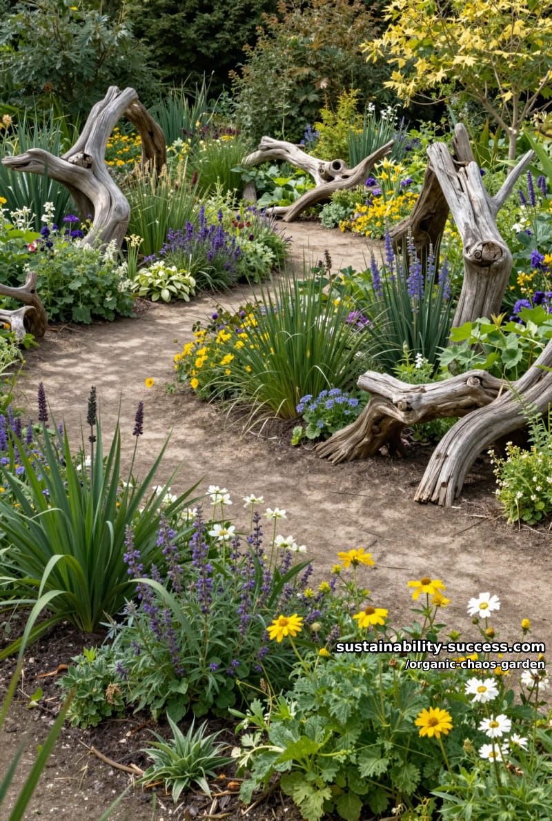 layers of perennial beds dotted with quirky driftwood sculptures 1