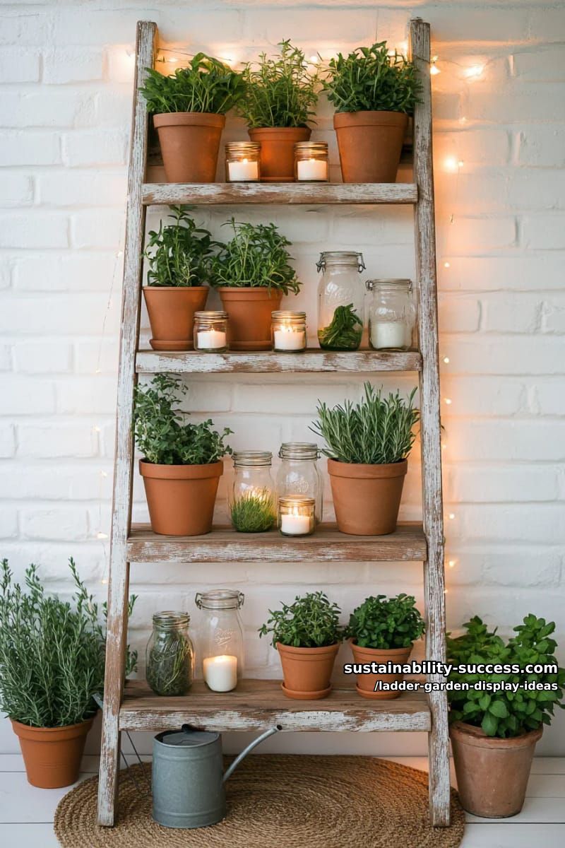 leaning weathered ladder adorned with mason jar lanterns and herbs 1