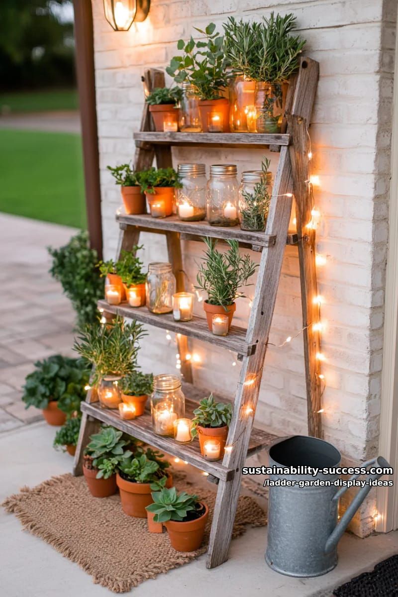 leaning weathered ladder adorned with mason jar lanterns and herbs 1