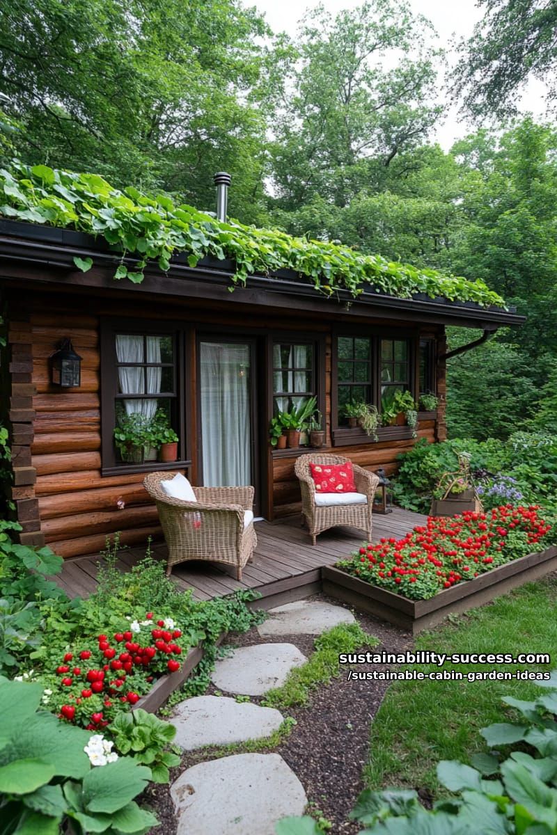 log cabin with green roof overflowing with strawberries and succulents 1