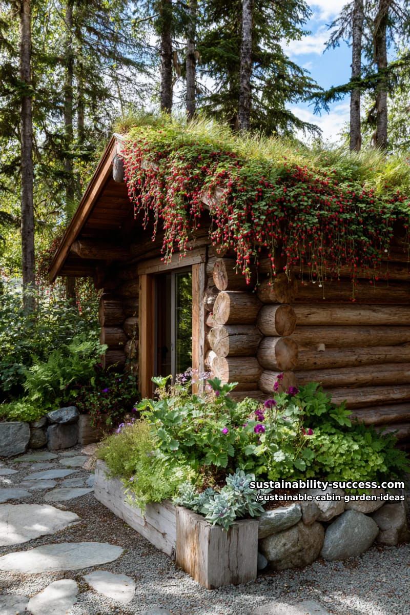 log cabin with green roof overflowing with strawberries and succulents 1