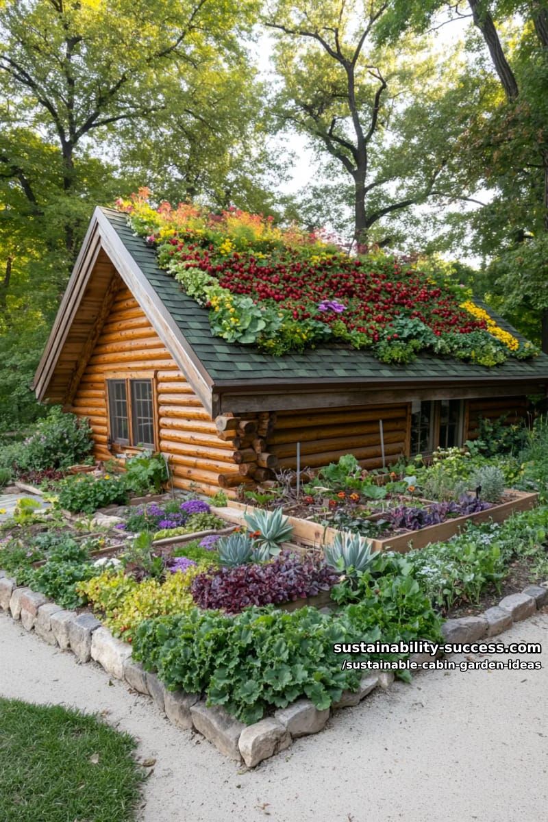 log cabin with green roof overflowing with strawberries and succulents 1