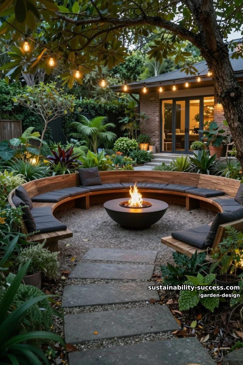 lush backyard with winding path, fire pit, string lights, and dense foliage. 1