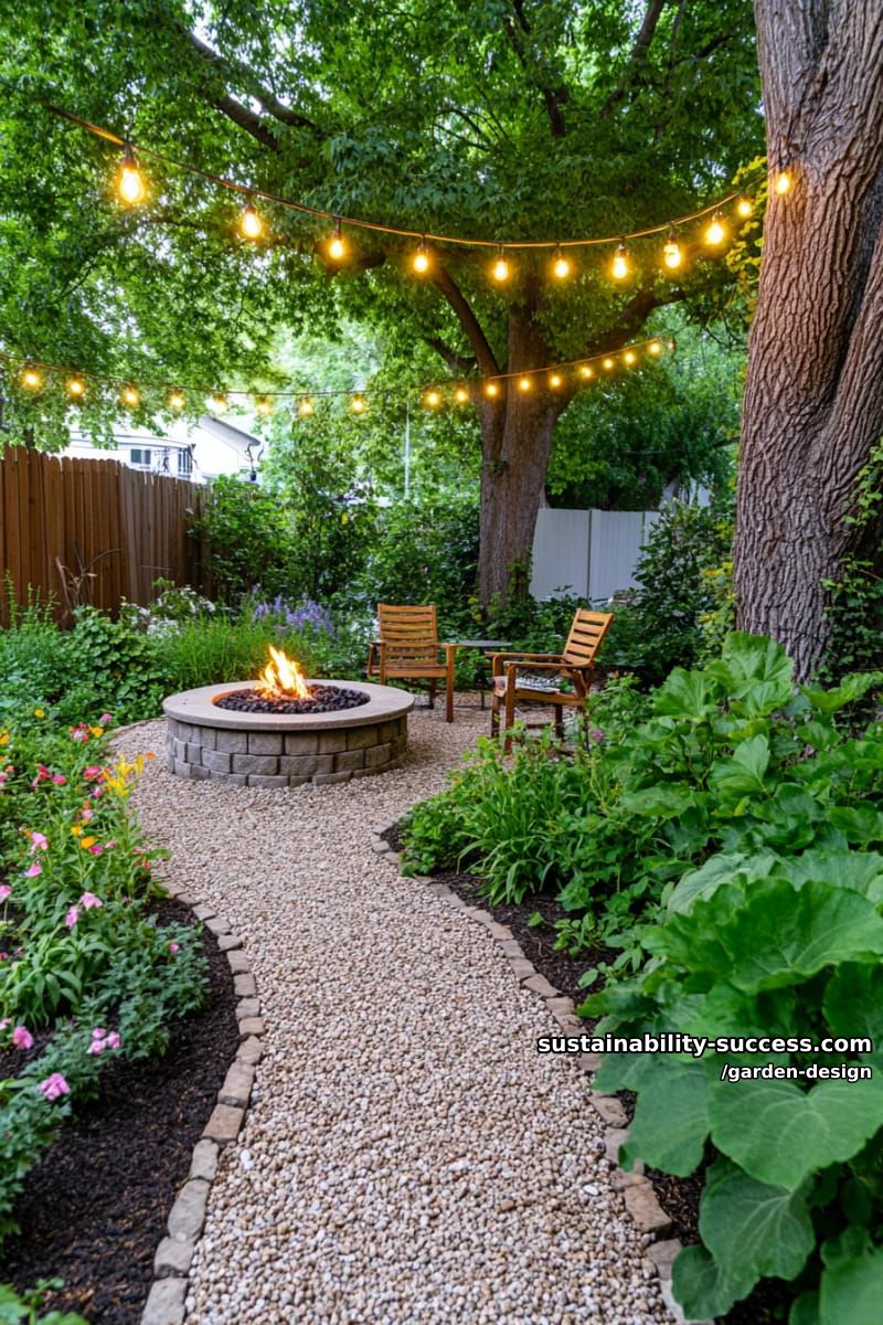 lush backyard with winding path, fire pit, string lights, and dense foliage. 1