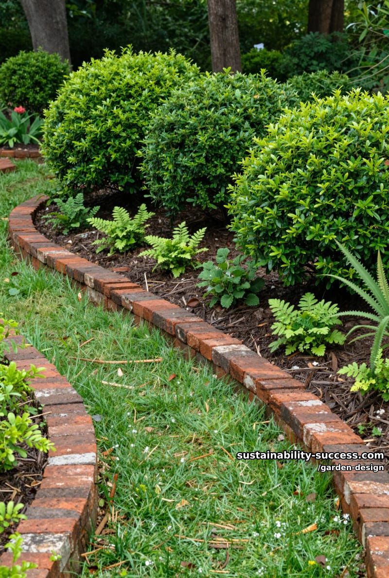 lush garden with brick-bordered curved path, mulch, and dense greenery. 1
