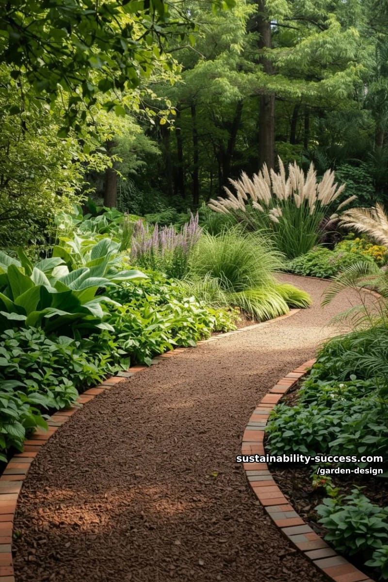 lush garden with brick-bordered curved path, mulch, and dense greenery. 1