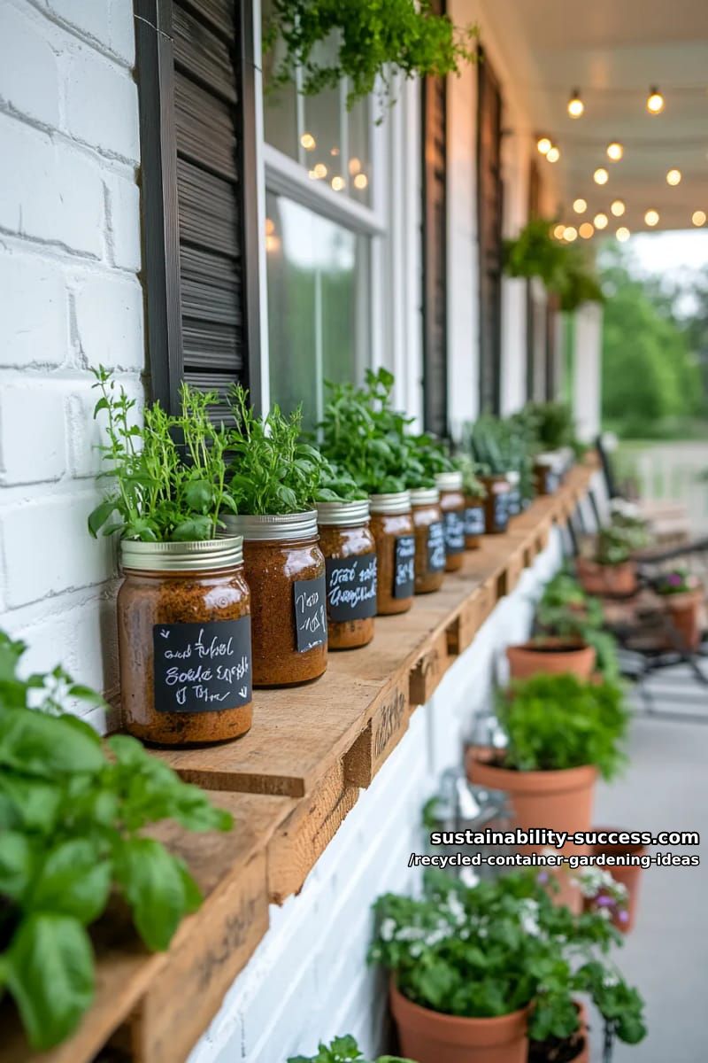 mason jars with chalk labels lining a recycled pallet shelf 1