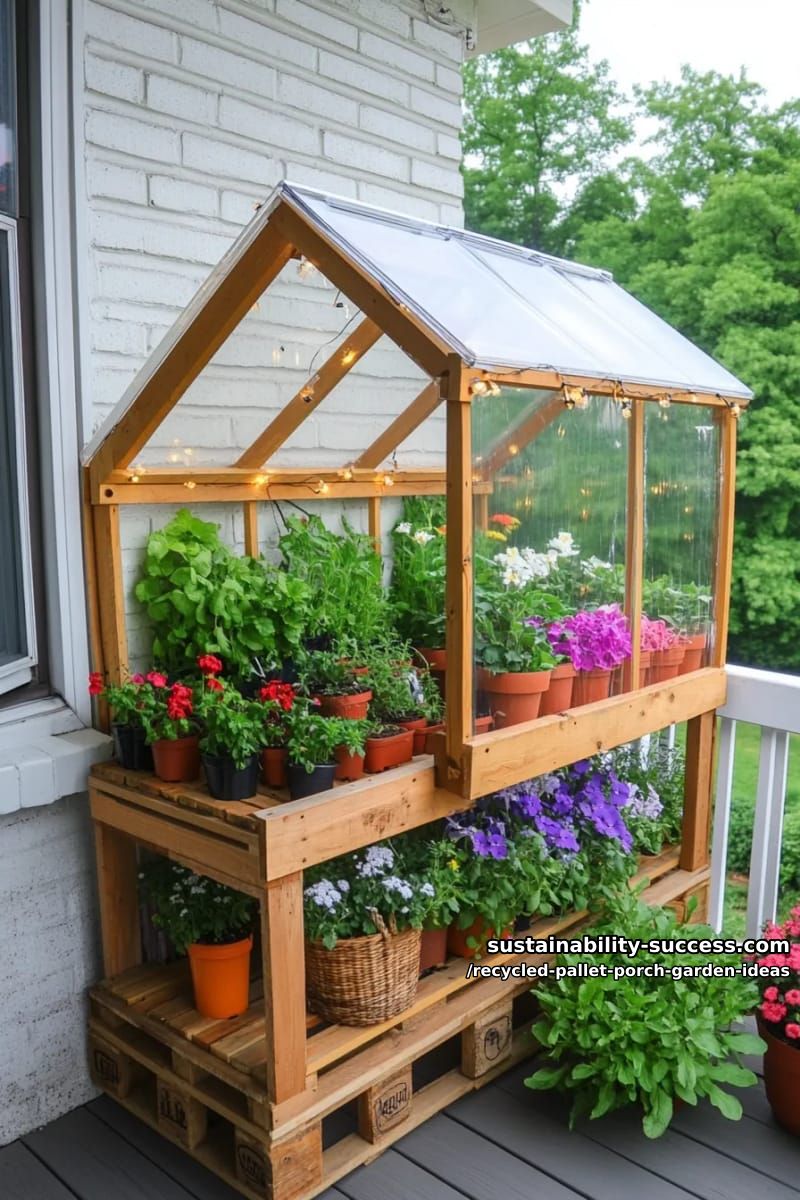mini pallet greenhouse with acrylic panels and cascading porch vines 1