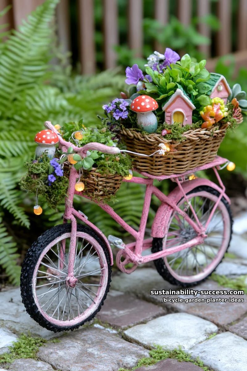 15 Creative Bicycle Planter Ideas for a Charming Garden Display 33 miniature children’s bicycle transformed into a fairy garden planter 1