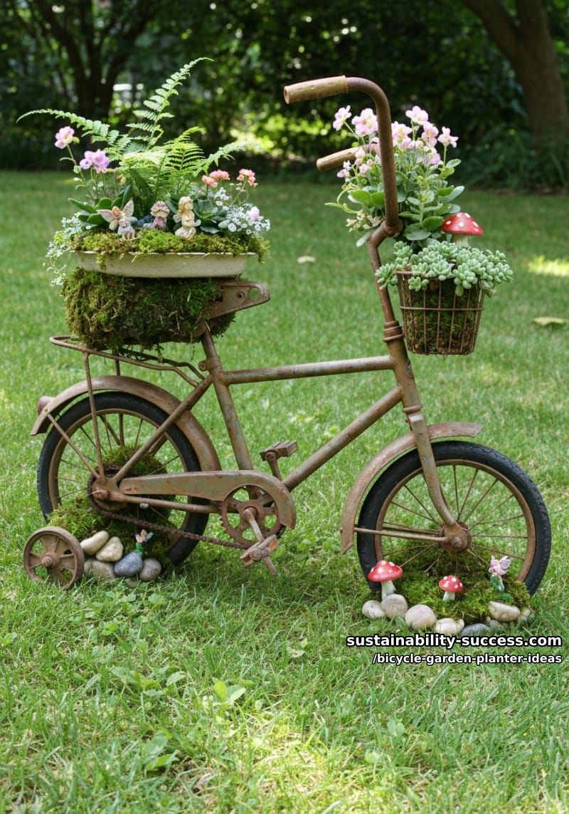 15 Creative Bicycle Planter Ideas for a Charming Garden Display 35 miniature children’s bicycle transformed into a fairy garden planter 1