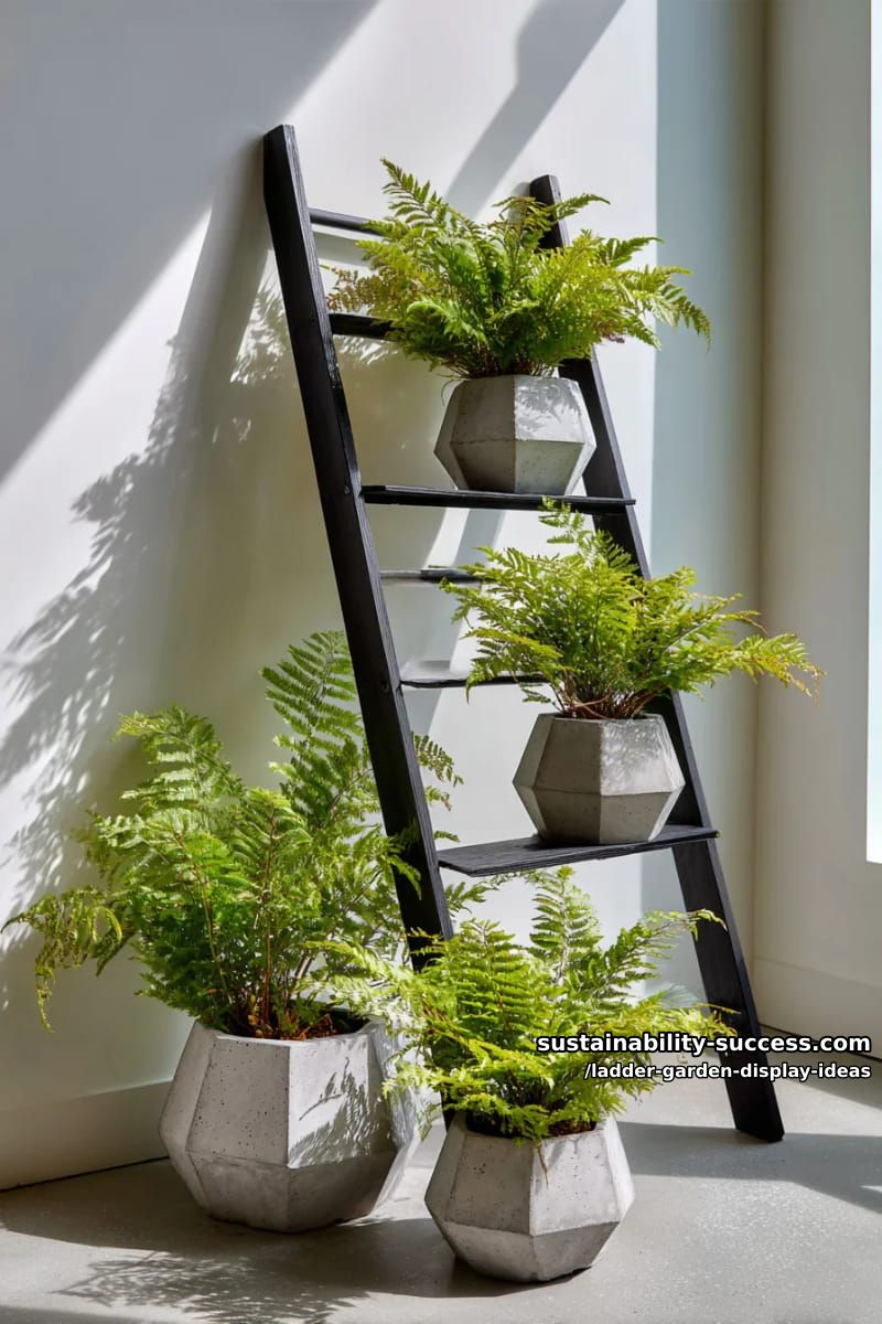 minimalist black ladder with geometric concrete planters and ferns 1