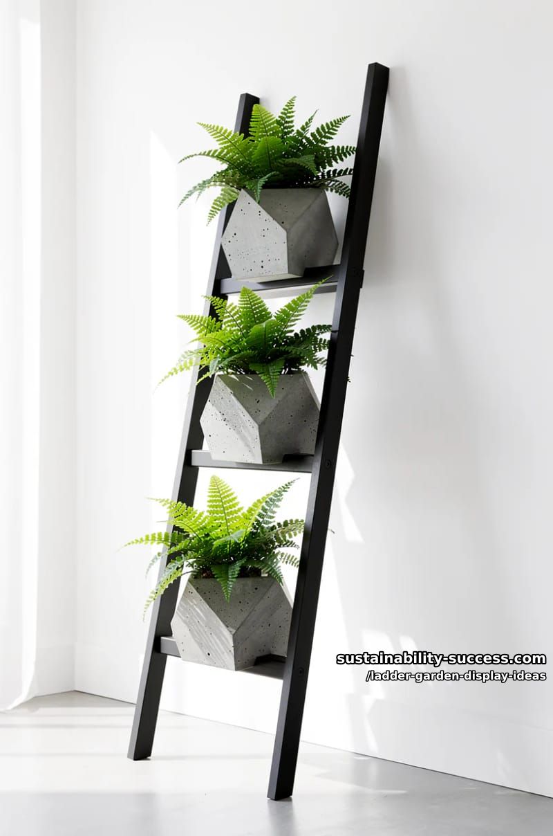 minimalist black ladder with geometric concrete planters and ferns 1