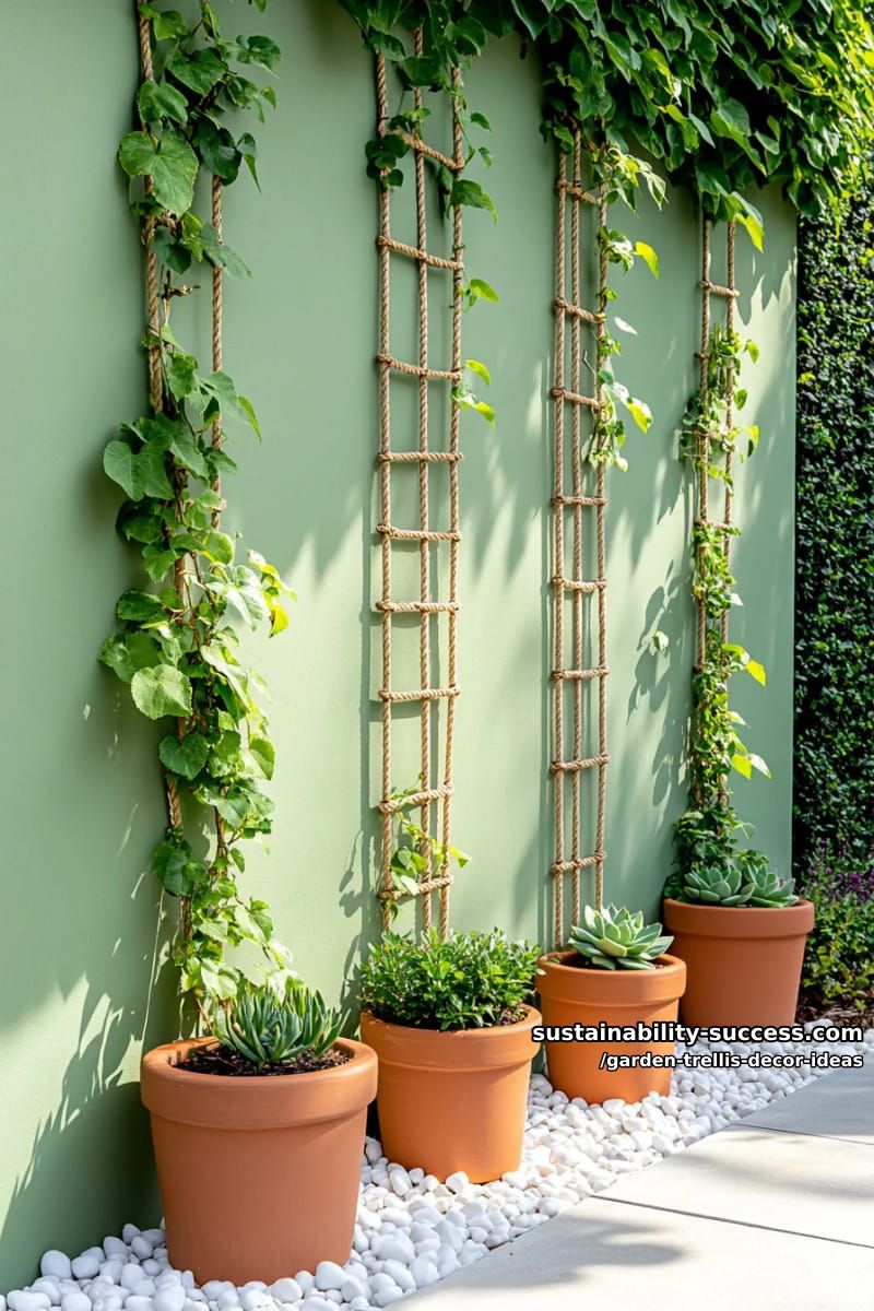 minimalist vertical rope trellis against a painted garden wall 1