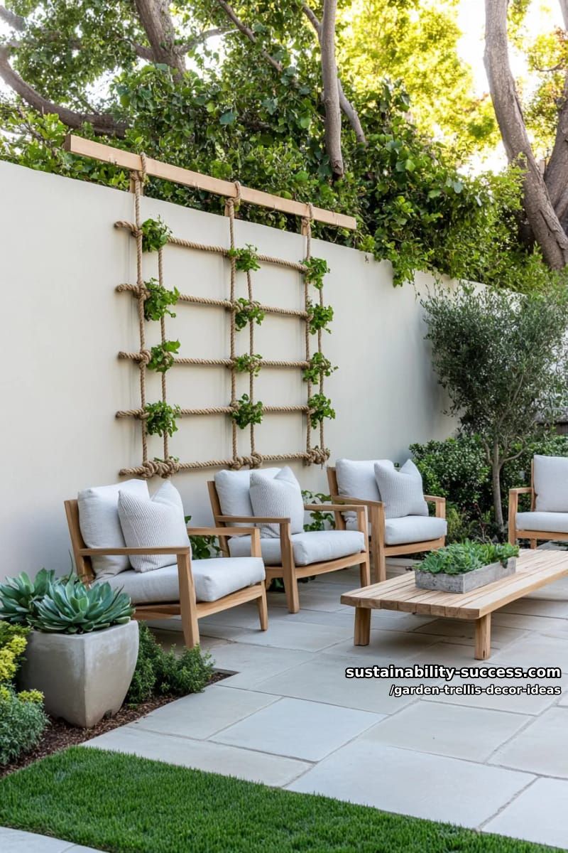 minimalist vertical rope trellis against a painted garden wall 1