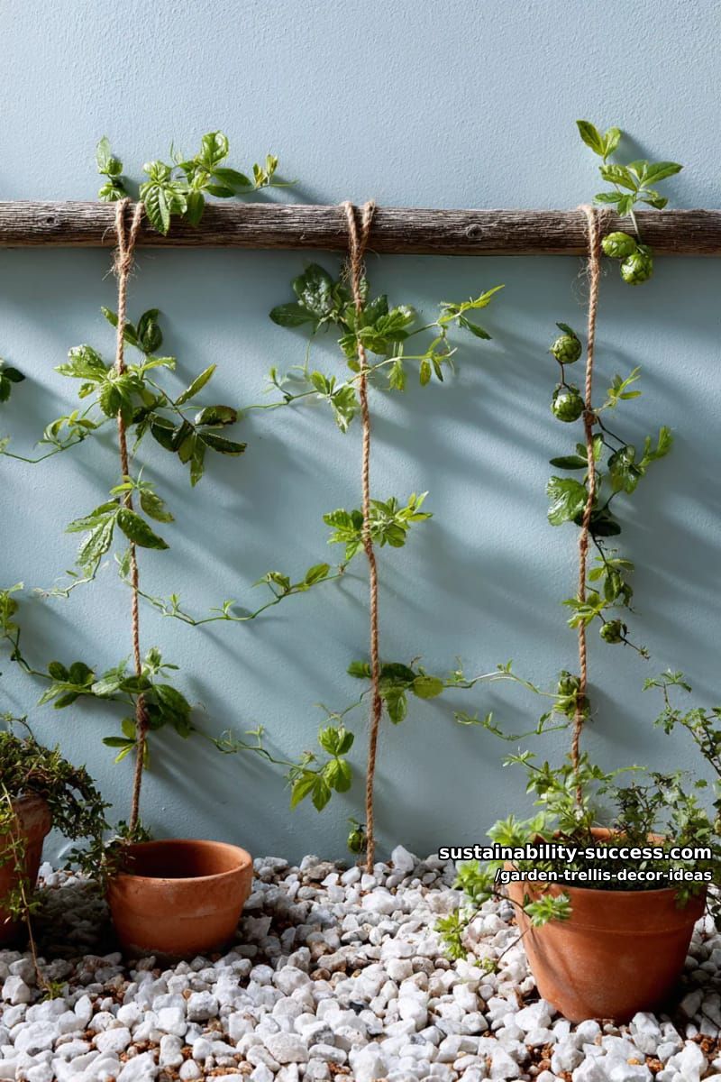 minimalist vertical rope trellis against a painted garden wall 1